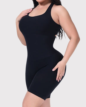 Ribbed Halter Racerback Shapewear Tummy Control Butt Lifting Mid Thigh Bodysuit