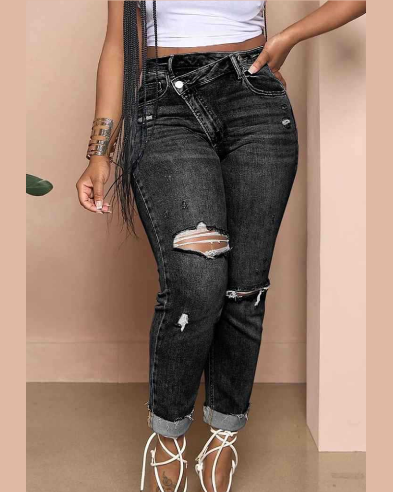 Fashionable Oblique Button Ripped High Waist Slim Fit Skinny Jeans