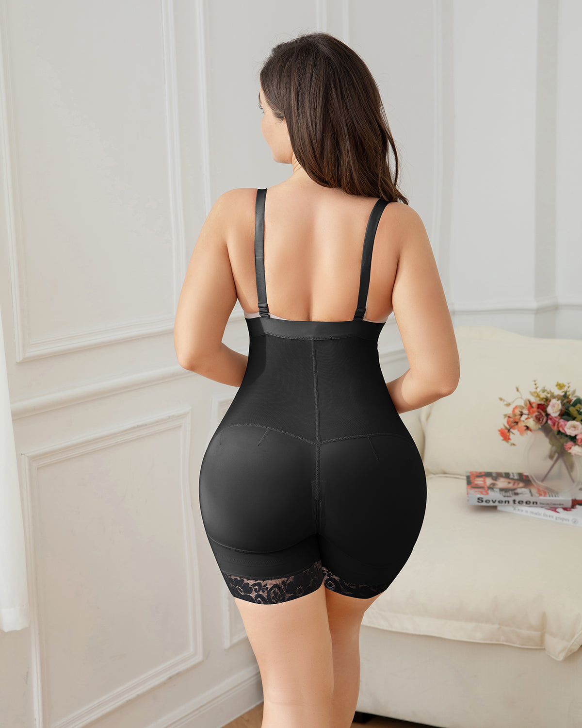 Women's Black Open Bust Shapewear Zipper Body Shaper Bodysuit