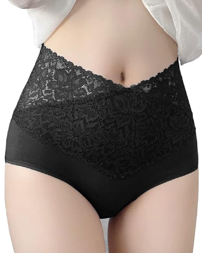 Women's V-shaped High Waist Floral Lace Briefs Sexy Tummy Control Soft Panties