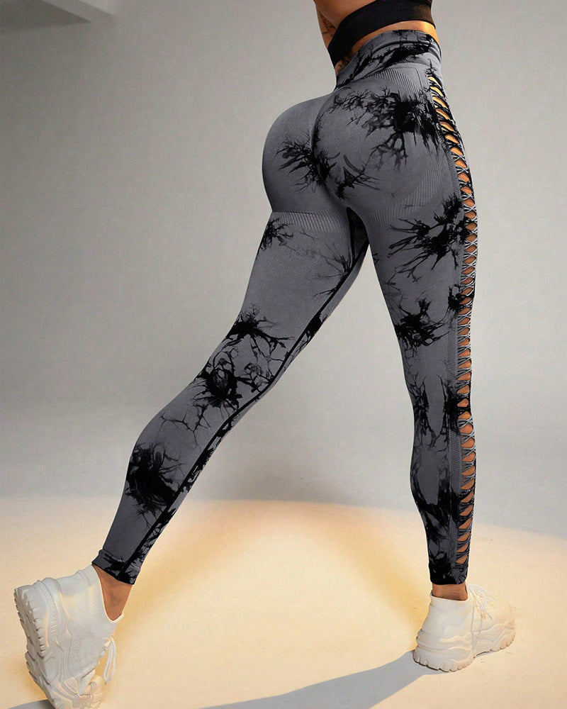 Side Hollow Tie-Dye Breathable High-Waist Hip Lifting Yoga Pants