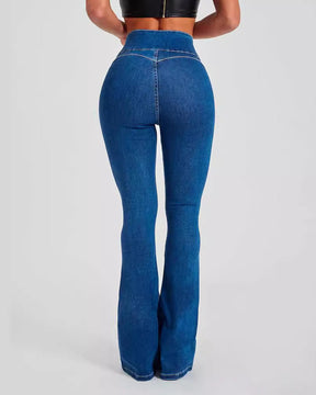 High-waisted Multi-button Slim-fit Stretch-sculpting Flared Jeans