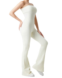 Women's Ribbed Strapless Tube Top Flared Bottom Yoga Jumpsuit