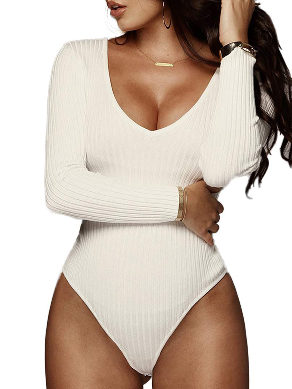 Sexy Deep V Neck Striped Bodysuit Basic Long Sleeve Thong Jumpsuits Tops