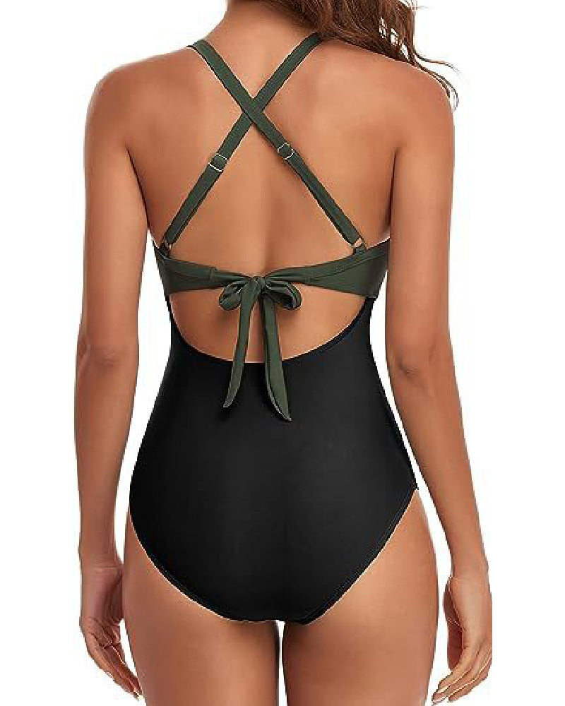 One Piece Cutout Swimsuits Tummy Control High Waist Tie Back Swimwear