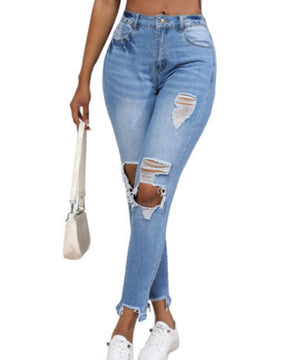 Washed Ripped Slim High Waist Elastic Retro Skinny Jeans for Women