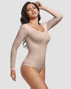 Seamless Crew Neck Long Sleeve Corset Bodysuit Tops Stretch Triangle Jumpsuit