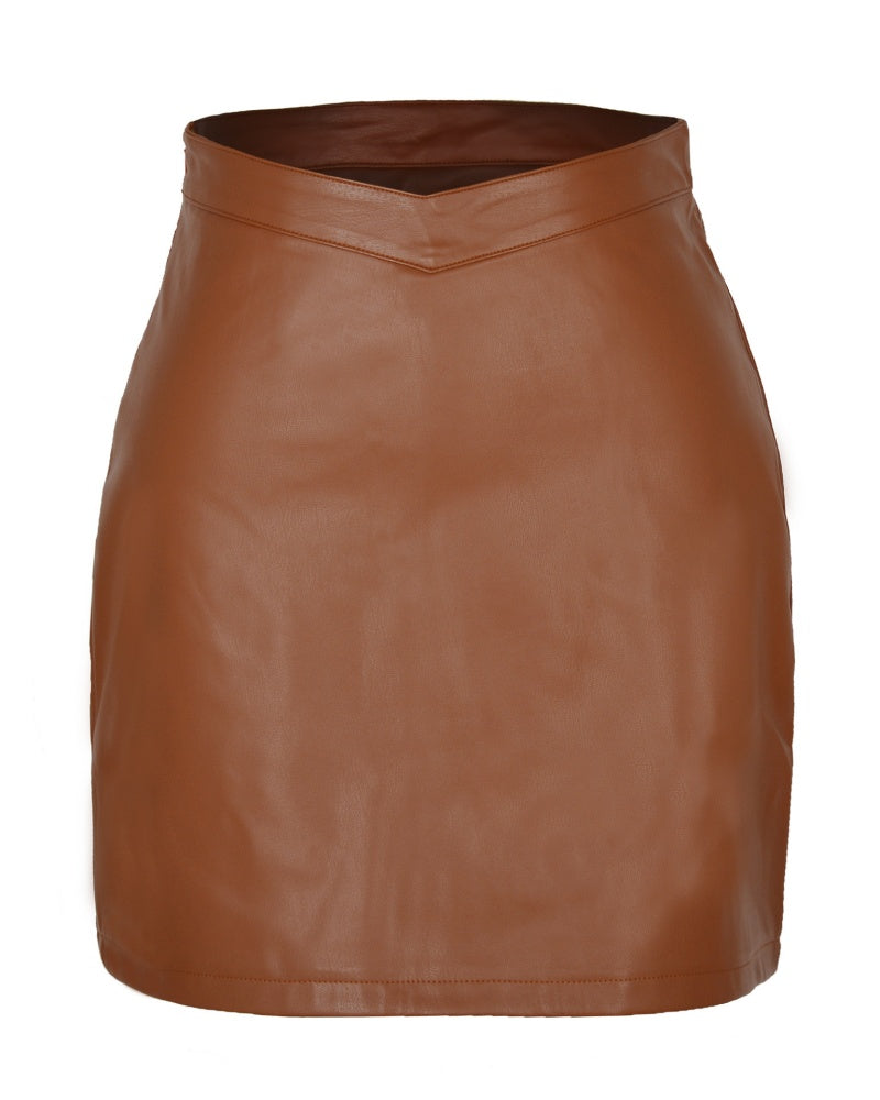 Fashion V-waist Navel-baring Zipper PU Leather Mini Skirt