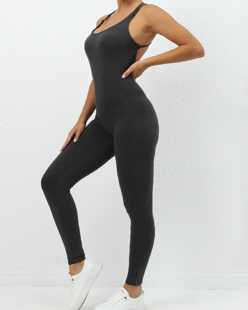 Sexy One Piece Sports Cross Beauty Back Multicolor Leggings Jumpsuit