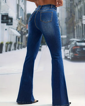 High Waist Single Breasted Flared Jeans Elastic Slim Fit