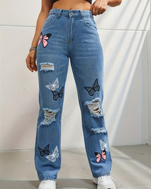 Butterfly Print Ripped Straight High Waist Contrast Jeans