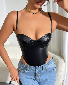 Sexy High Cut Pu Leather Solid Underwire Thong Cami Bodysuit