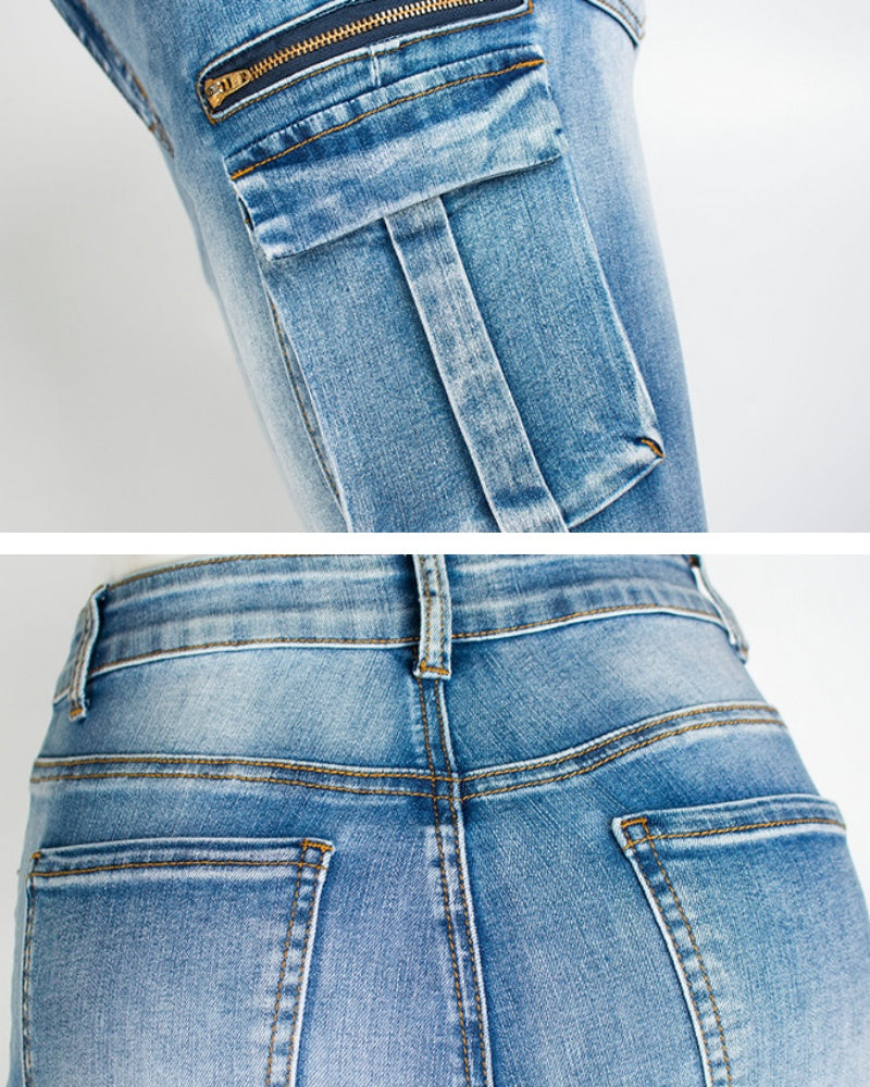 Vintage Washed Distressed Skinny Jeans with Multiple Pockets