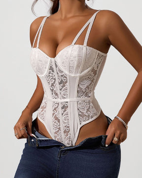 Women's Sexy Lace Patchwork Bodysuit Mesh Bustier Breathable Overbust Shapewear