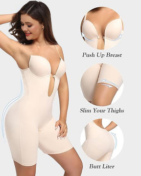 Sleeveless Solid Tummy Control U Plunge Shapewear Bodysuit With Built In Bra