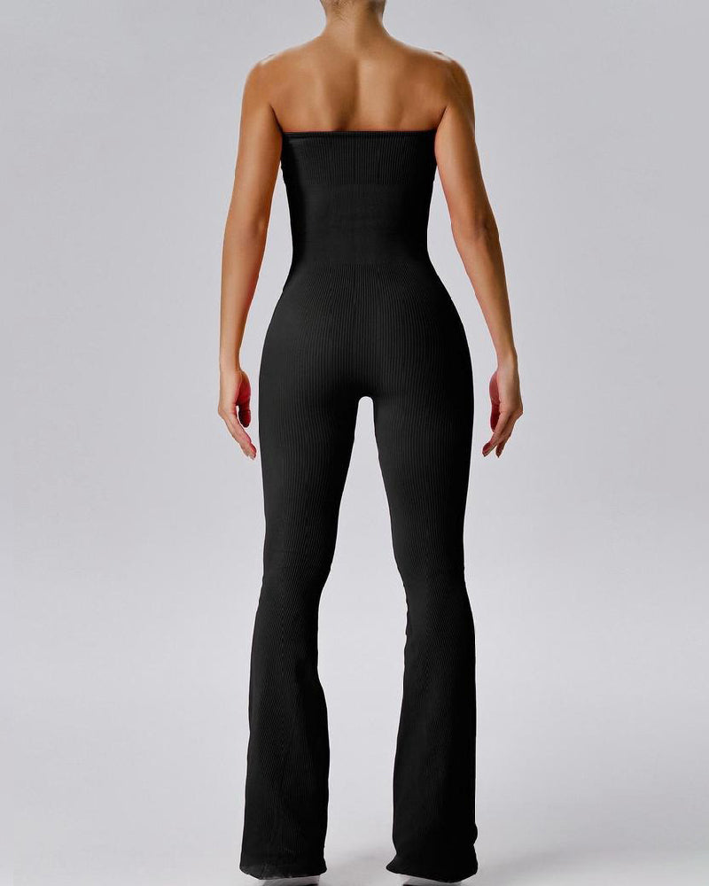 Women's Ribbed Strapless Tube Top Flared Bottom Yoga Jumpsuit