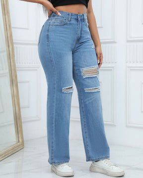 Elegant High Waist Ripped Wide-leg Jeans