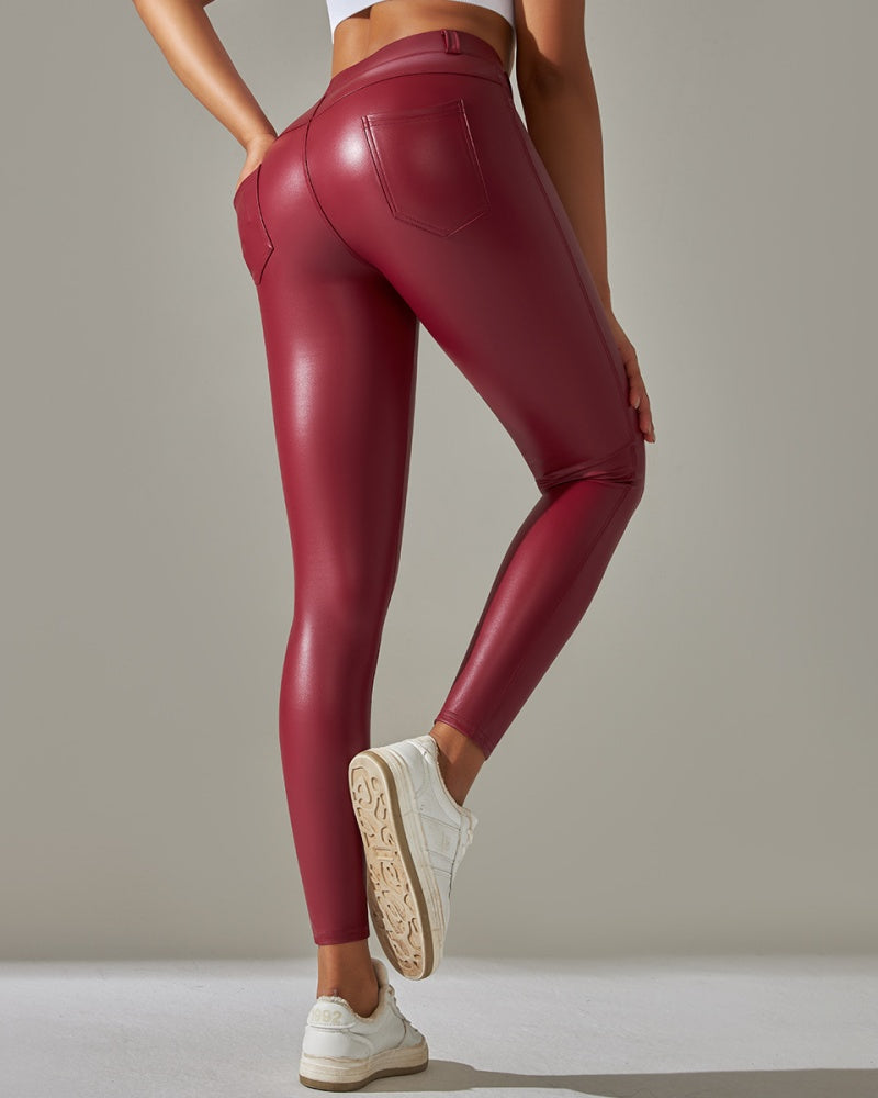 PU leather Pants High Waist Tight Sports Yoga Pants Slim