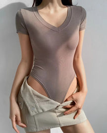 Ribbed V Neck Short Sleeve Bodysuit Top Tummy Control Thong Shapewear