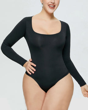 Women's Seamless Square Neck Long Sleeve Bodysuits Sculpting Thong Bottoming Shirt Body Shaper