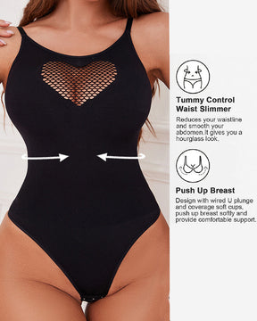 Sexy Front Heart Hollow Out Bodysuit Seamless Low Back Thong Body Shaper