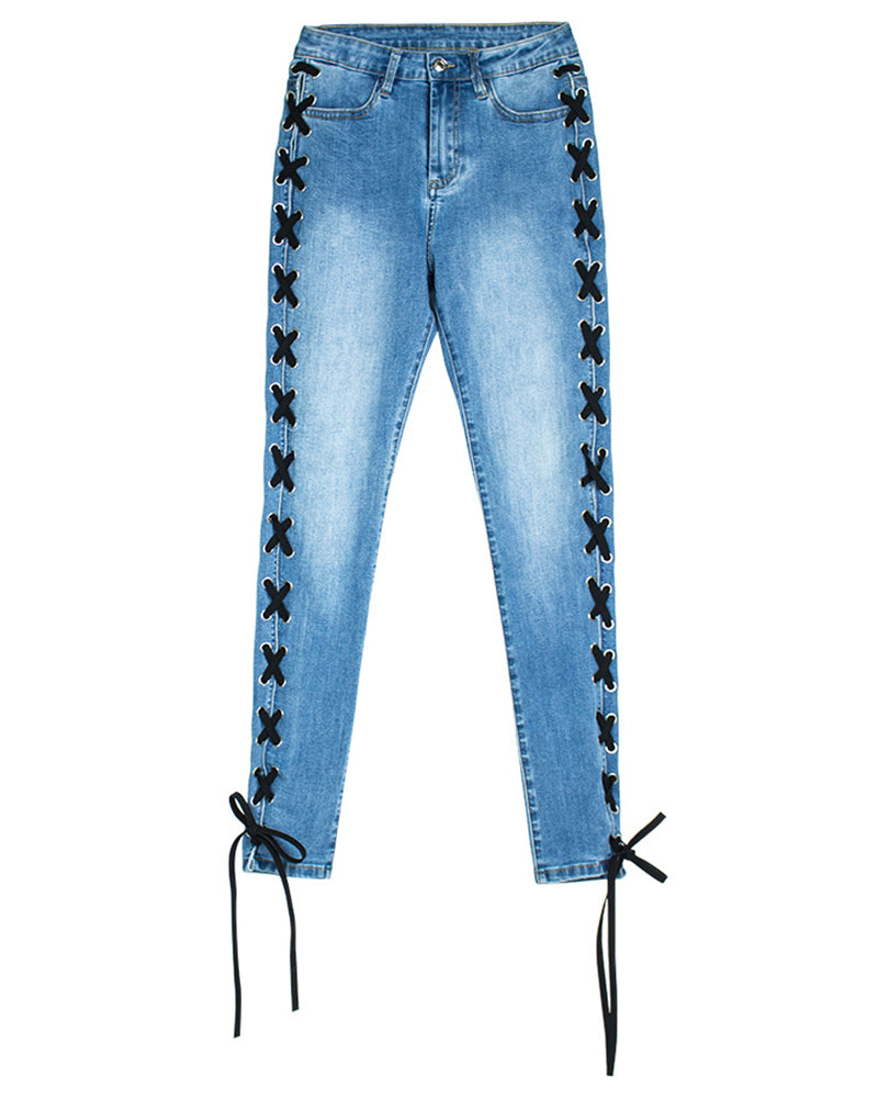 Sexy Side Cross Lace up Slim Jeans for Women