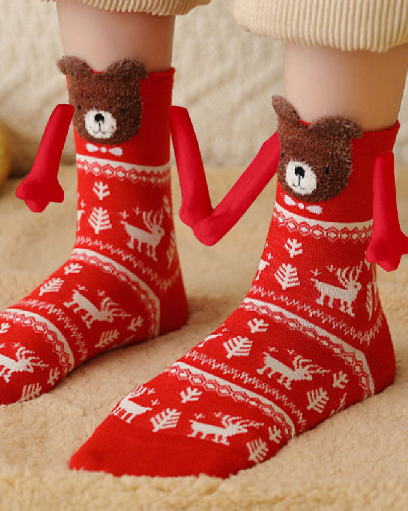 Christmas Pattern Cartoon Magnetic Hands Socks Couple Unisex Mid Tube Cotton Socks