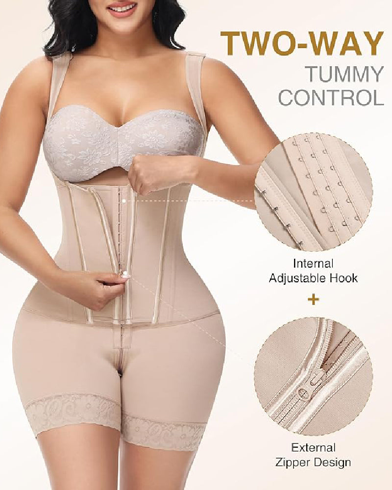 High compression Front Zipper Mid Thigh Shapewear with Bra