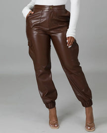 PU Multi-Pocket Casual Leather Pants