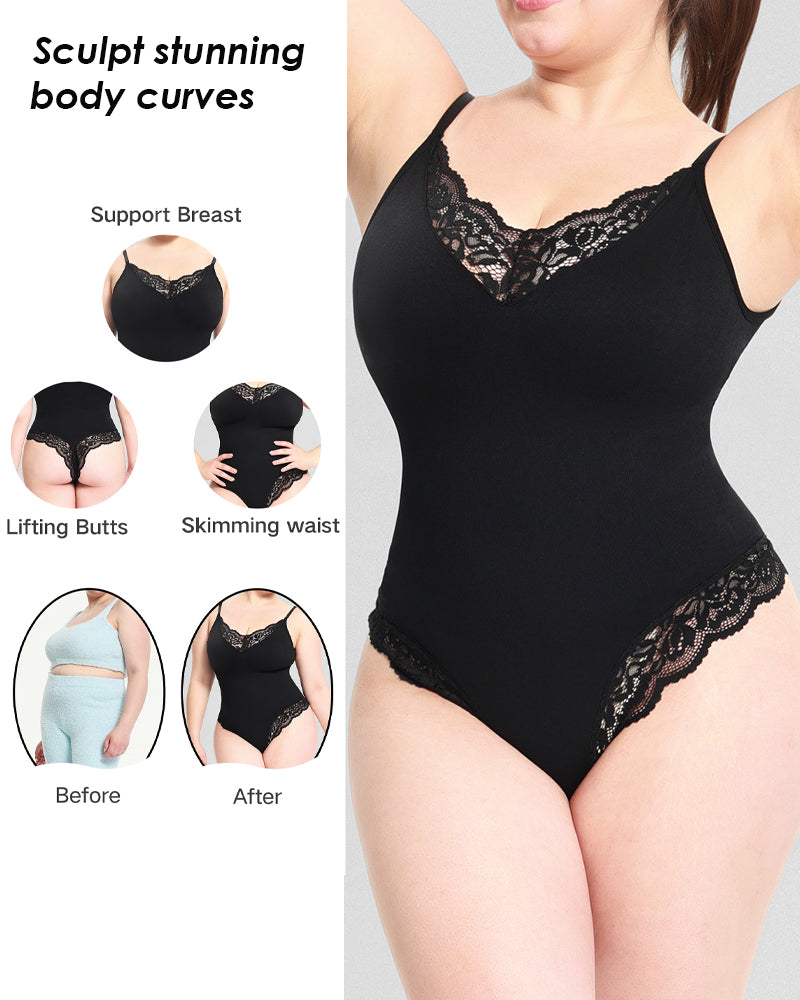 Sexy Lace Slimming Tummy Control V Neck Thong Bodysuit Shapewear