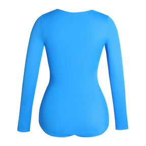 Blue Long Sleeve Built In Shapewear Tummy Cotrol Girdle Swimsuit