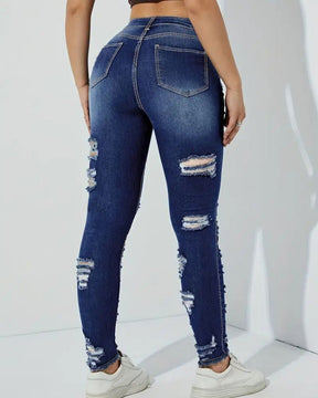 Ripped Raw Edge High Elastic Skinny Jeans