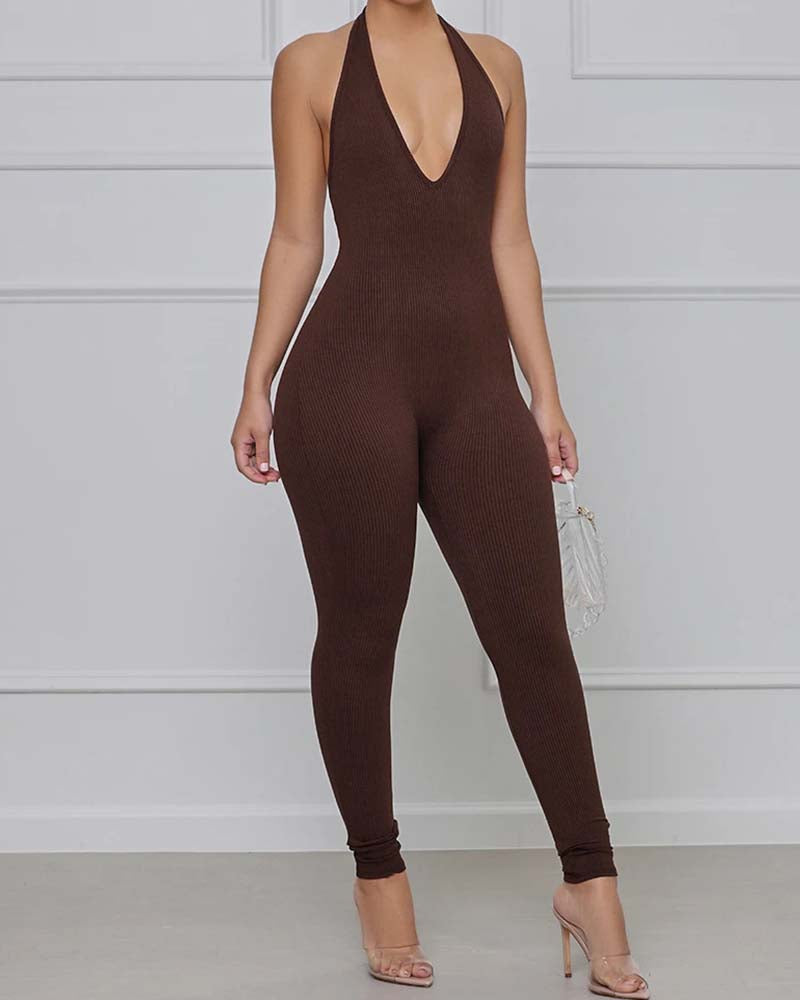 Ultra Sleek Ribbed V-Neck Halter Sleeveless Shaping Jumpsuit