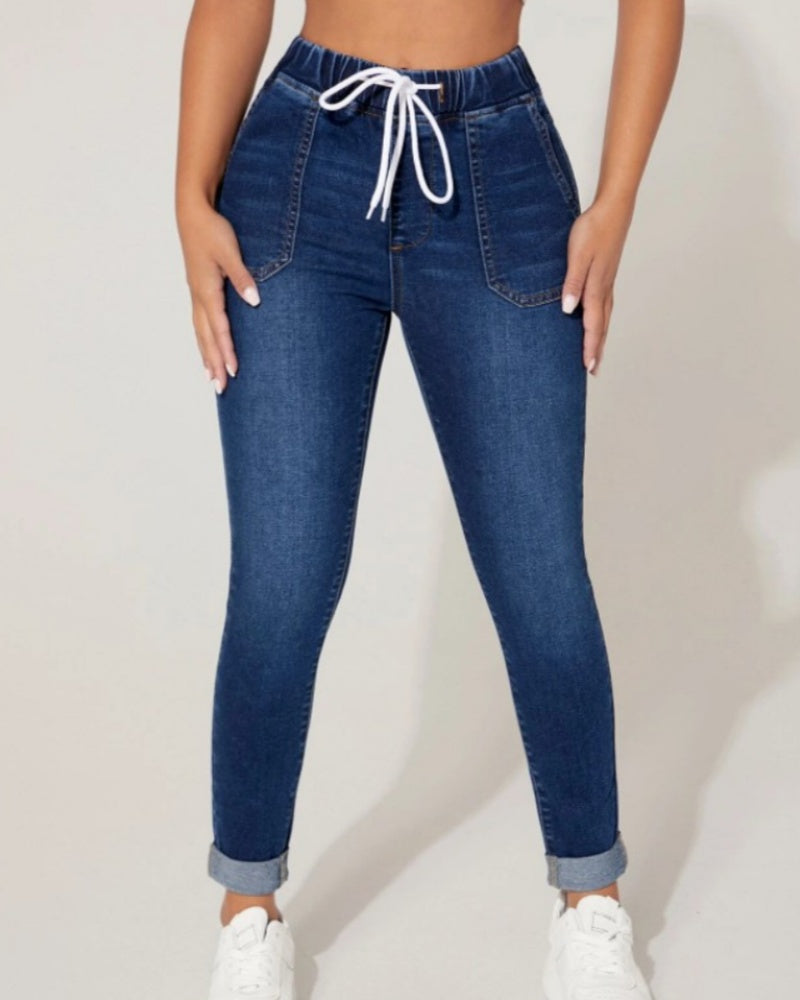 High Waist Drawstring Elastic Waist High Stretch Skinny Jeans