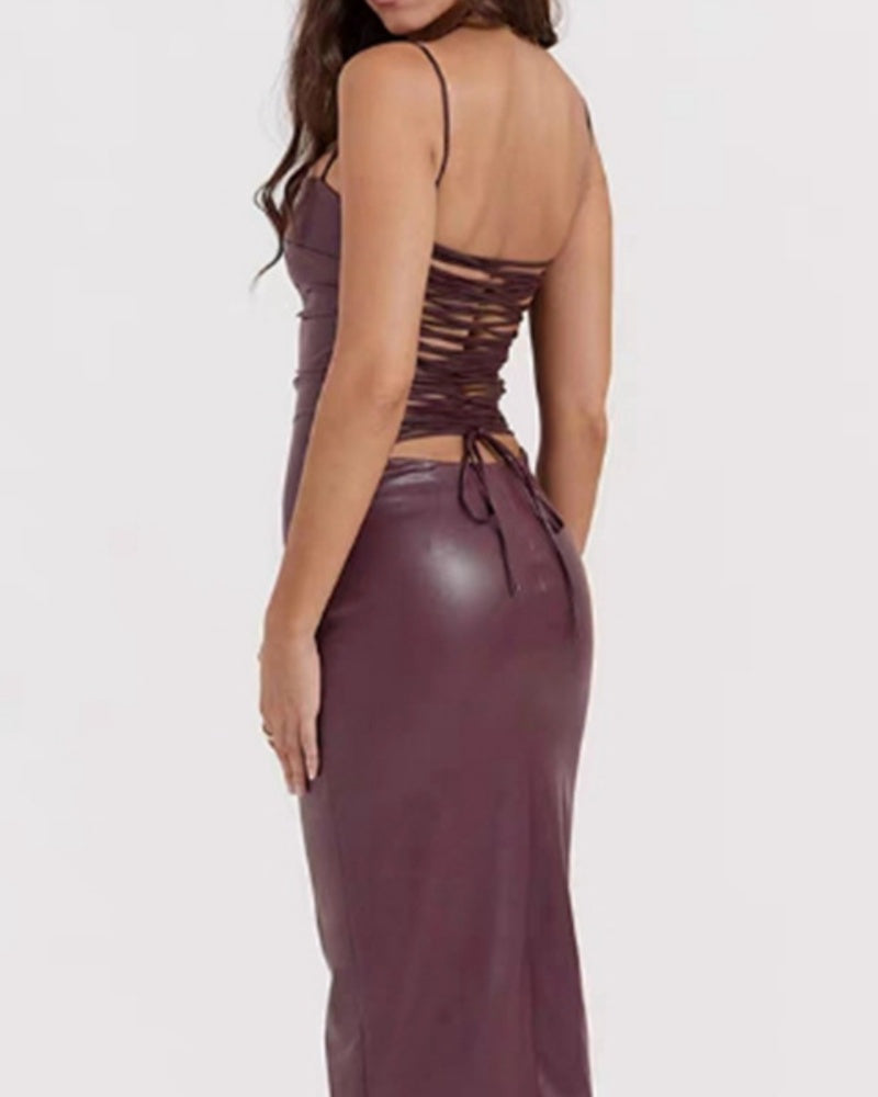 Sexy PU Suspender Dress Slim Backless Lace-up Hip-wrapped Midi Dress