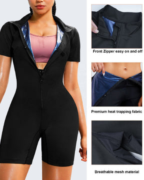 Women's Full Body Stand Collar Sauna Suit Zipper Short Sleeve Sweat Workout Jumpsuit