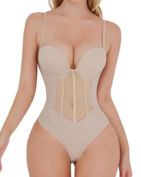 Sexy Mesh Shapewear Corset Backless Thong Bodysuit With Built-in Bra