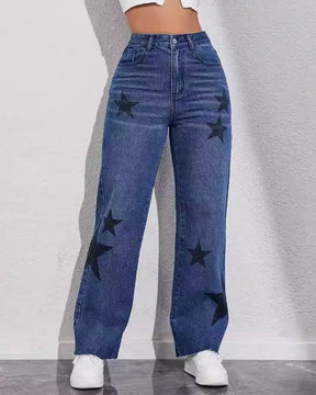 Star Print High Wasit Straight Leg Casual Comfort Jeans