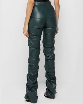 PU Leather Personalized Pleated Flared Pants