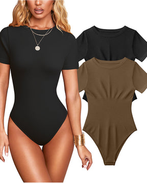 Women Sexy Ribbed Round Neck Short Sleeve Tummy Control Thong Bodysuit