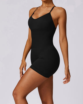 Seamless V-Back Cross Romper Tummy Control One Piece Shorts Sports Jumpsuit