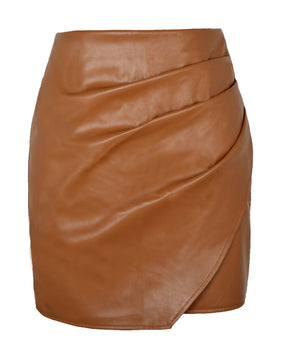 Sexy High Waist Irregular PU Zipper Pleated Hip Leather Skirt