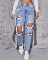 Women's Washed Ripped High Waist Straight Jeans