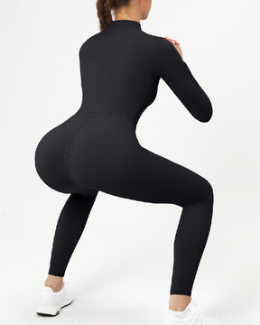 Zip Up Long Sleeve Fleece Skinny Jumpsuit Winter Thermal One-piece Fitness Bodysuit