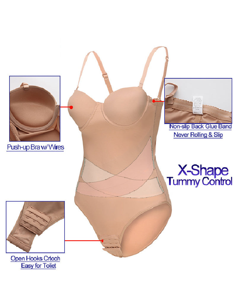 Women's Strapless Built-in Bra X Cross Tummy Control Bodysuit