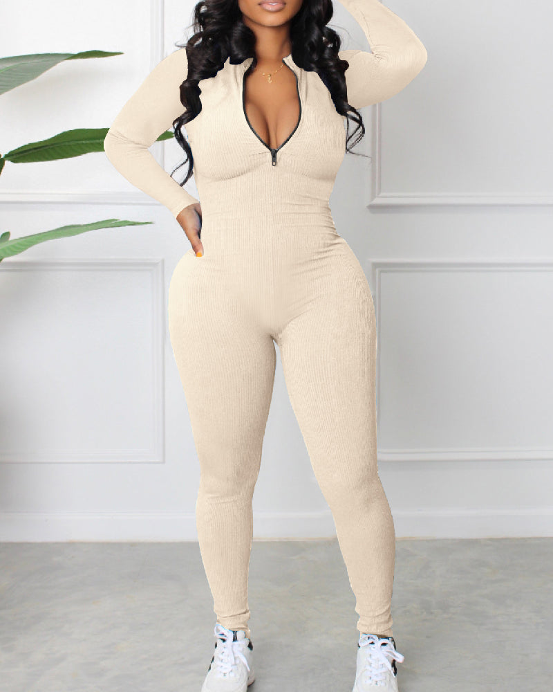 Women's Sexy Ribbed Long Sleeve Zipper Jumpsuits Casual Solid Bodycon Rompers