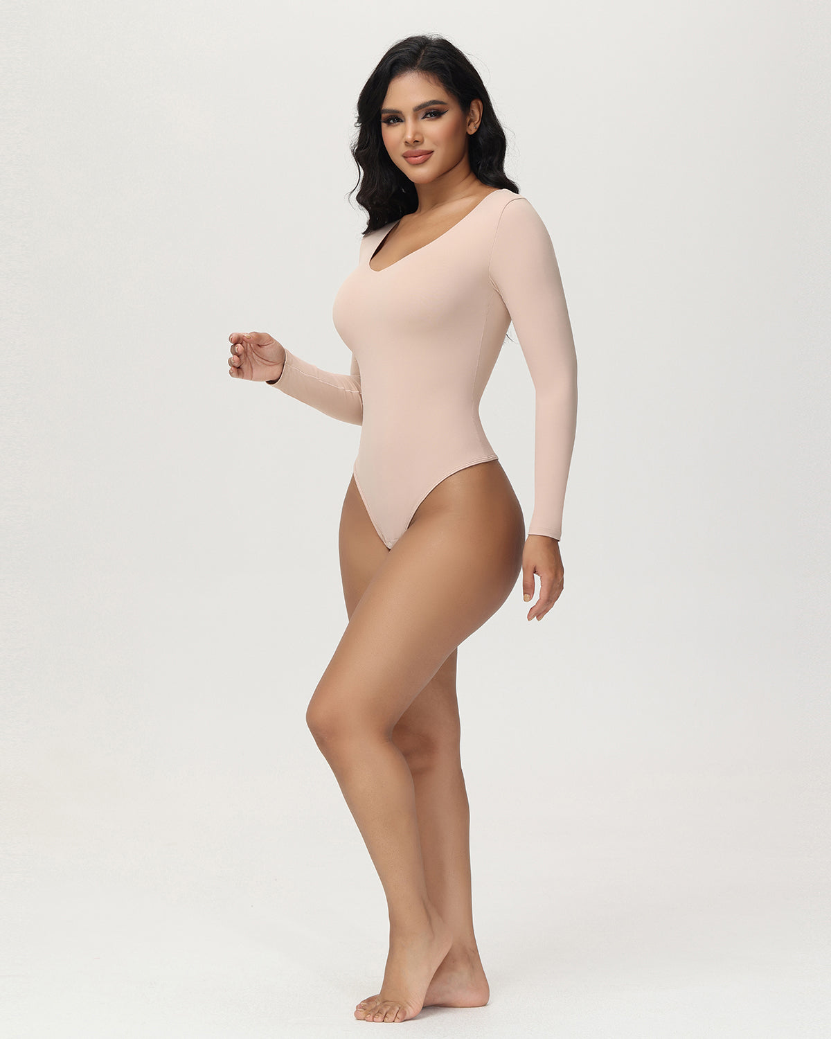 Women's Long Sleeve V Neck Seamless Bodysuits Tummy Control Thong Shapewear