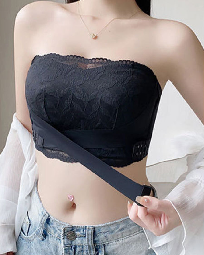 Women's Strapless Lace Tube Top Bra Wireless Front Cross Side Buckles Non-slip Bra