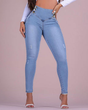 High Waist Double Buttons Tummy Control Stretchy Jeans