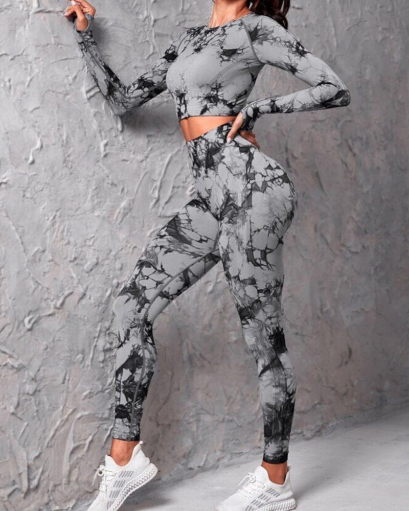 Seamless Tie-Dye Long Sleeve High Waist Tummy Control Bodycon Yoga Suit